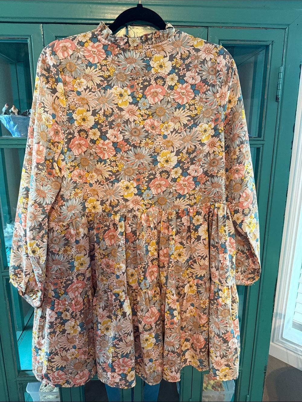 Metro Floral Tiered Long-Sleeve Babydoll Dress - Peach Multi EUC - Picture 6 of 8